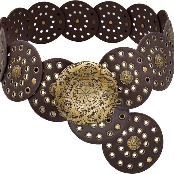 Wide Disc Belt for Women Boho Concho Leather Belts Vintage Western Waist Belt